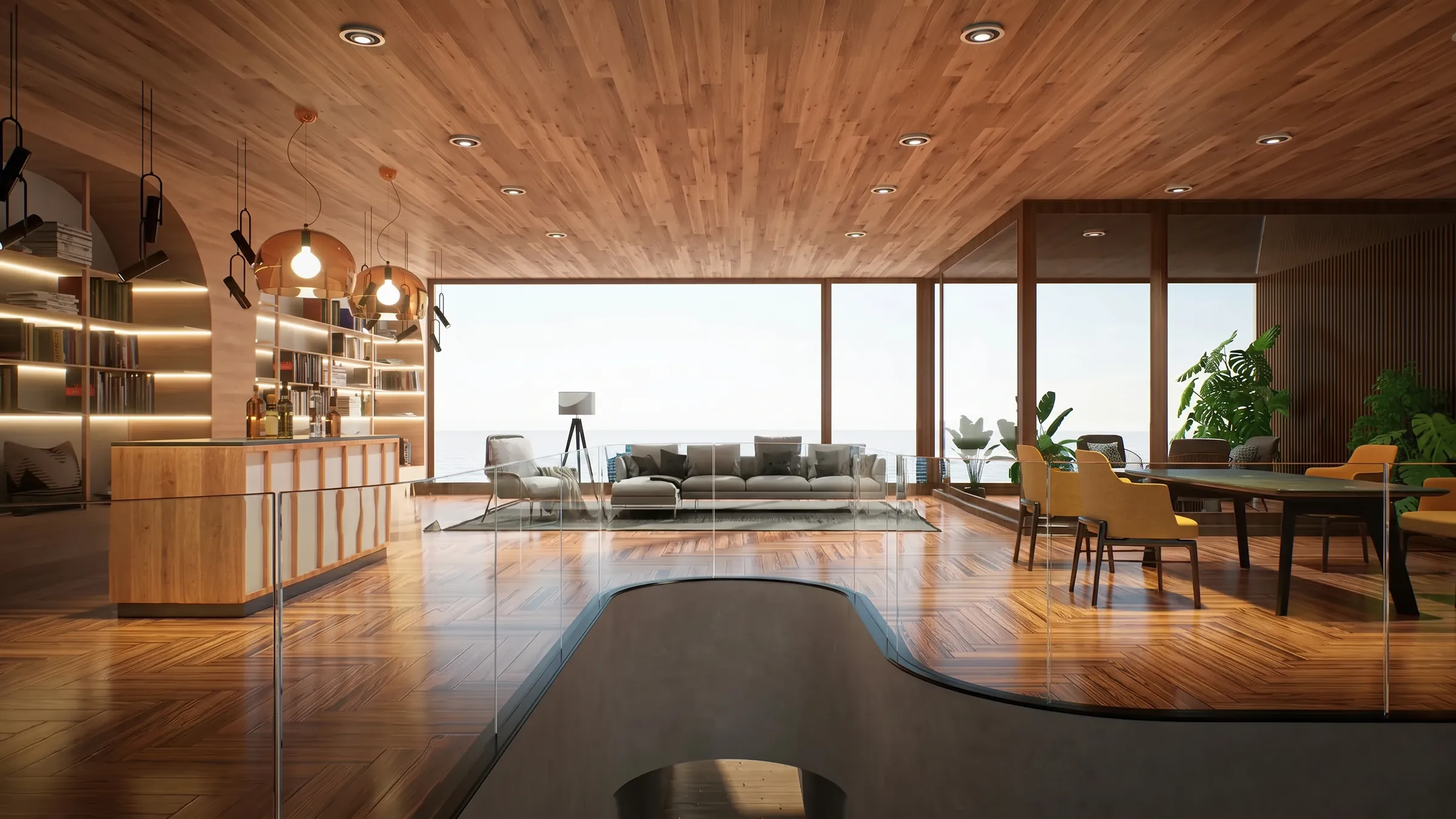 Renoviertes Wohnzimmer mit Holzboden und Holzdecke