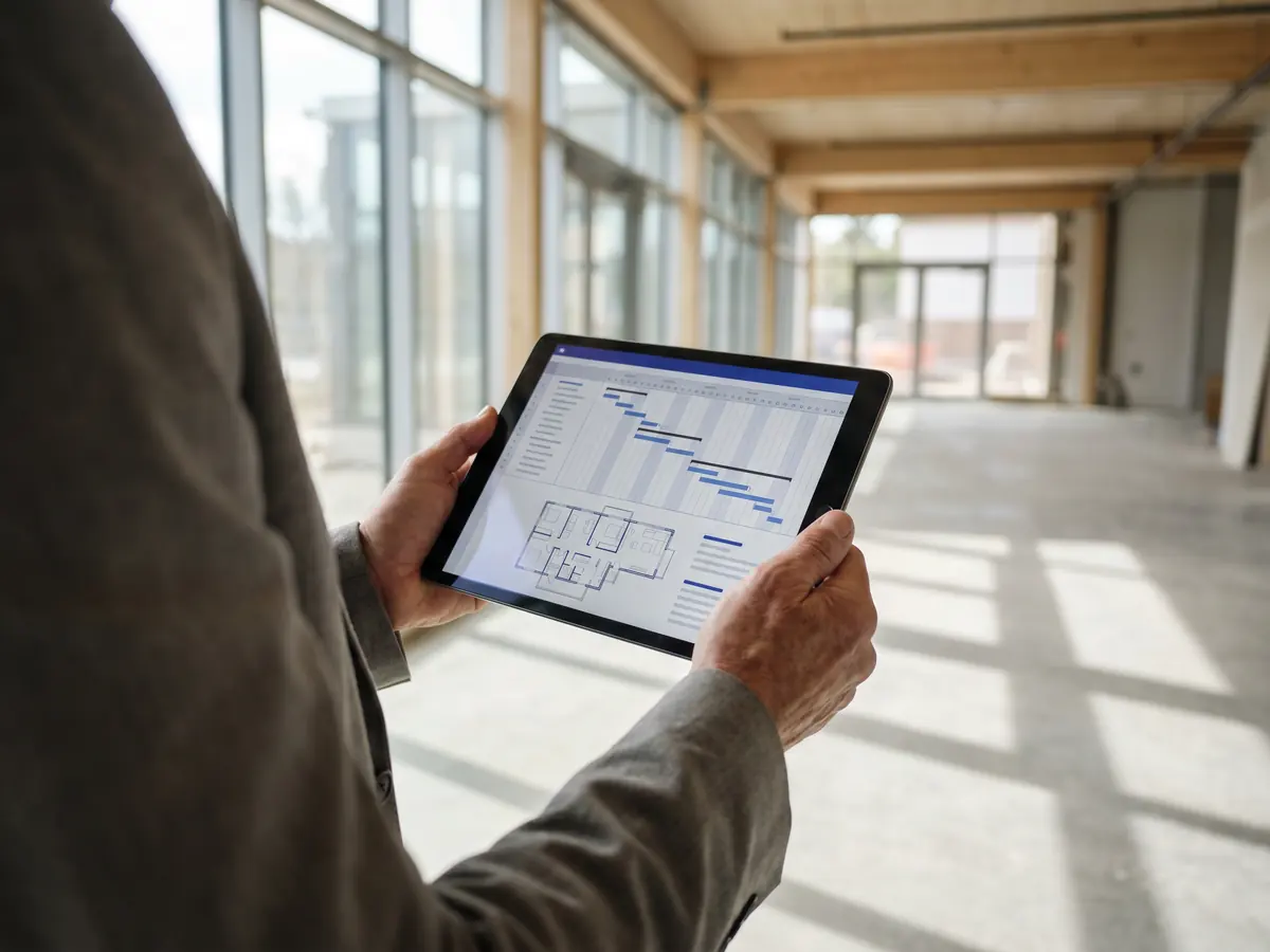 Bauprojekt-Koordinator mit Tablet auf einer modernen Baustelle