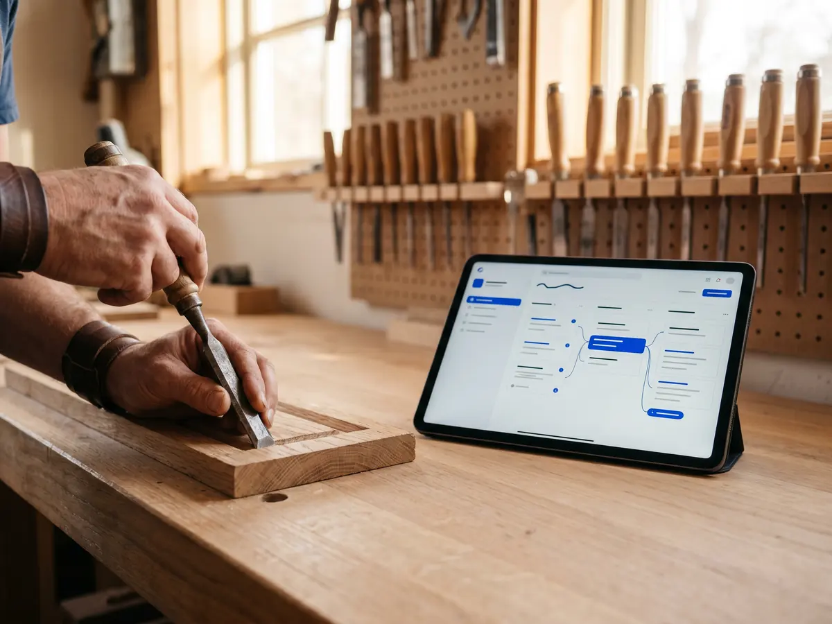 Werkbank mit Tablet in einer Handwerkswerkstatt
